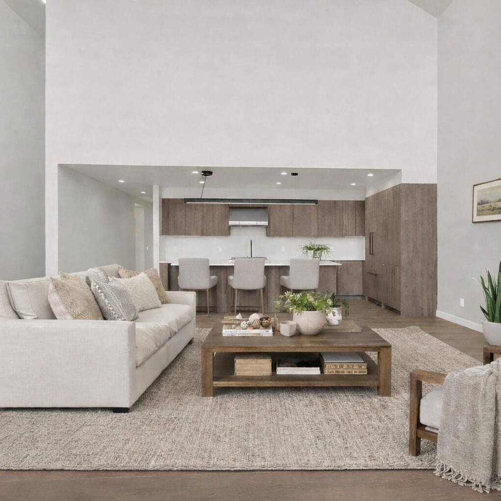 Open living room and kitchen with oak floors at The Skyfall Residence near Deer Valley